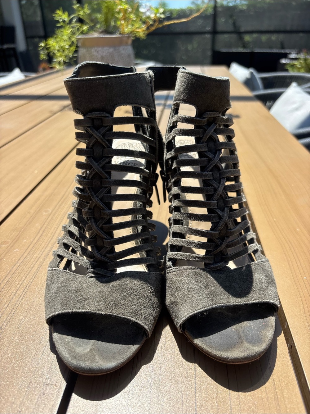 Vince Camuto Charcoal Gray Suede Cage Lace-Up Open-Toe Heels